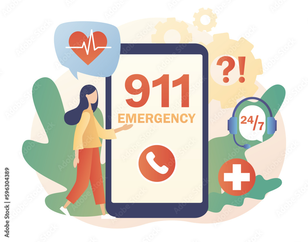 911 emergency call in smartphone app. Assistant manager online. Ambulance service. Hotline call center. Modern flat cartoon style. Vector illustration on white background 911 emergency call in smartphone app. Assistant manager online. Ambulance service. Hotline call center. Modern flat cartoon style. Vector illustration on white background
