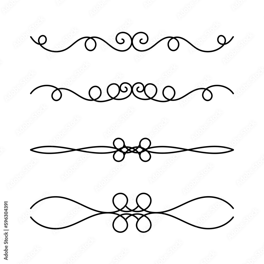 Set of decorative divider thin line icons for Page Decoration and book decoration. Hand drawn separator black contour symbols isolated on white background. Doodle vector Illustration