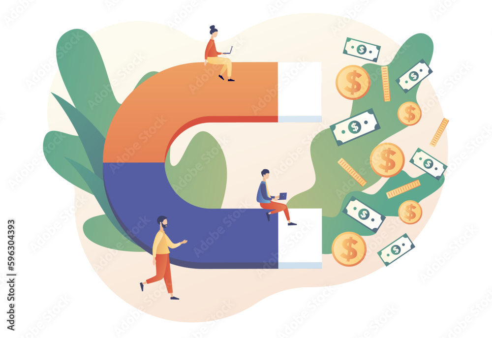 People with Money magnet. Magnet power attracting golden coins cash. Magnetic wealth power. Business opportunity increase wealth. Modern flat cartoon style. Vector illustration on white background People with Money magnet. Magnet power attracting golden coins cash. Magnetic wealth power. Business opportunity increase wealth. Modern flat cartoon style. Vector illustration on white background