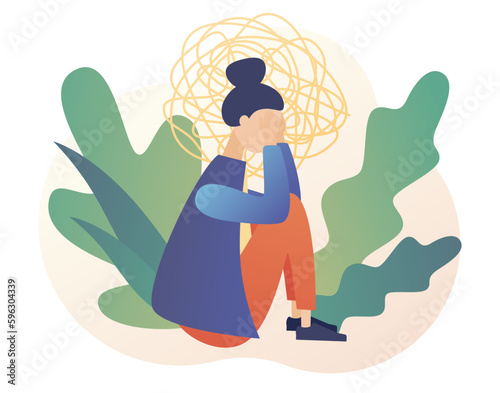 Depressed woman sitting on floor. Depression mental. Mental health and psychotherapy concept. Anxiety, stress, emotional burnout and other psychological problems. Modern flat cartoon style. Vector