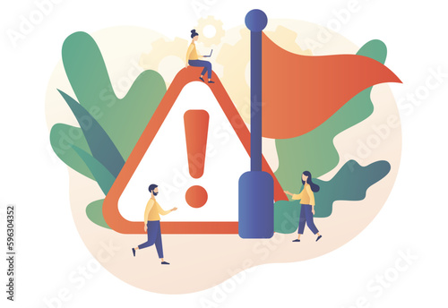 Red flag warning. Attention or alert for threat in partnership, relationships, business. Metaphor problem, trouble and difficulty. Modern flat cartoon style. Vector illustration on white background
