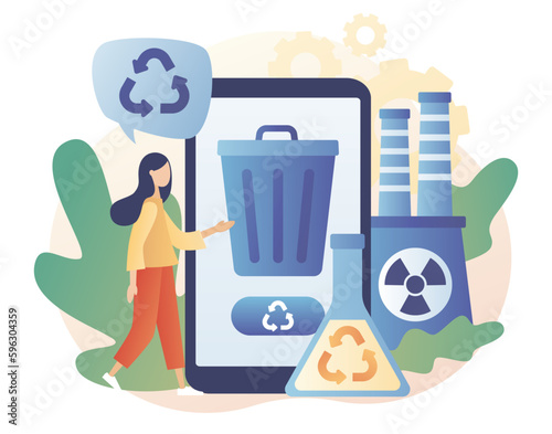 Chemical recycling. Hazardous waste management. Chemical trash disposal and utilization online service. Plastics recycling method. Modern flat cartoon style. Vector illustration on white background