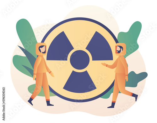 Tiny people in radioactive protection suit. Radiation warning concept. Nuclear toxic waste. Modern flat cartoon style. Vector illustration on white background