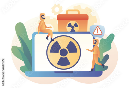 Tiny people in radioactive protection suit. Radiation warning sign on laptop screen. Nuclear toxic waste concept. Modern flat cartoon style. Vector illustration on white background