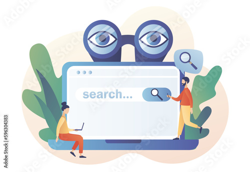 Tiny people browsing online information, surfing internet with binocular, magnifying glass on laptop screen. Search bar. SEO concept. Modern flat cartoon style. Vector illustration on white background