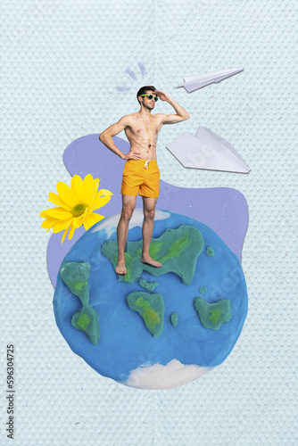 Creative collage of young man shirtless wear shorts sunglass find his girlfriend resort enjoy swimming whistle isolated over planet earth