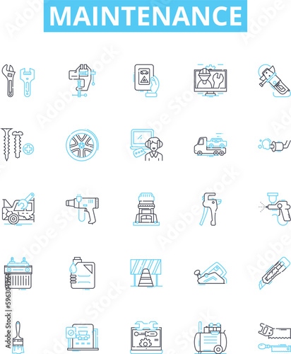 Maintenance vector line icons set. Repairs, Upkeep, Service, Adjustment, Restoration, Overhaul, Checkup illustration outline concept symbols and signs