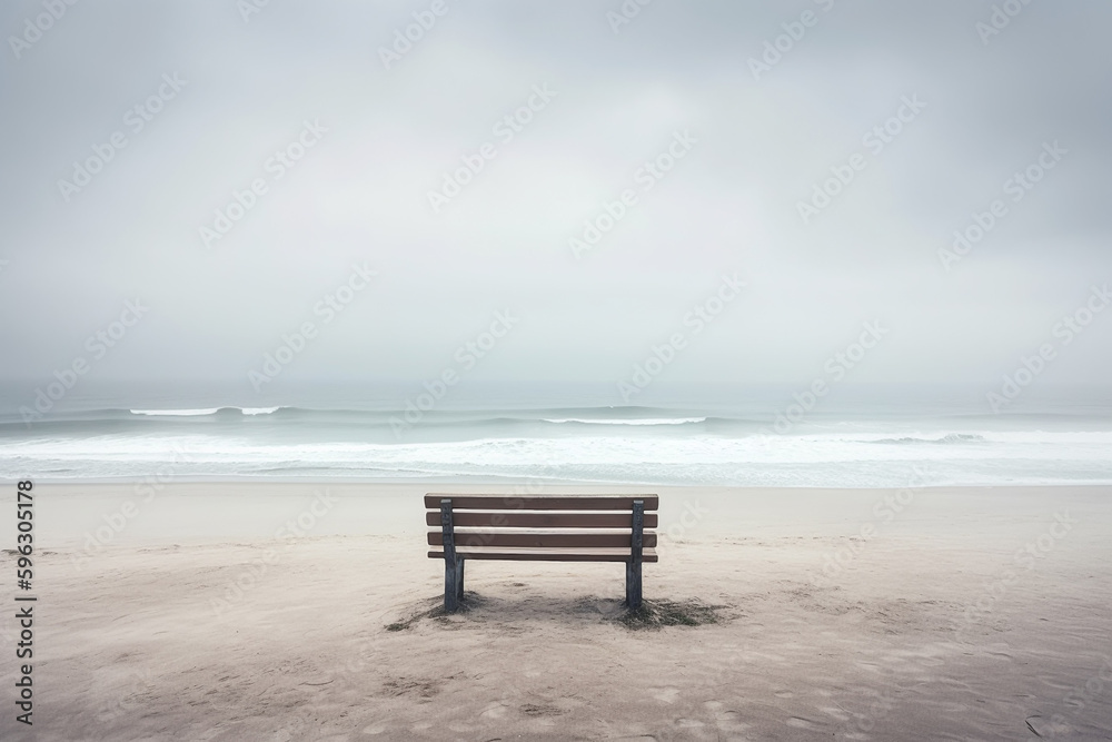 empty bench by the sea, Generative AI empty bench by the sea, Generative AI