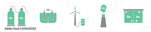 H2 energy modern line icon set, hydrogen power plant concept, renewable power vector icons, sustainable electricity emblems, solar windturbine symbols isolated on white background