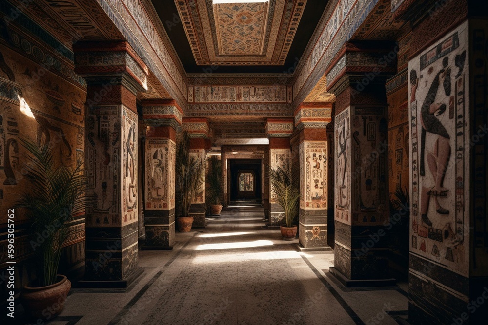 Ancient Egyptian palace adorned with Indian patterns. Generative AI