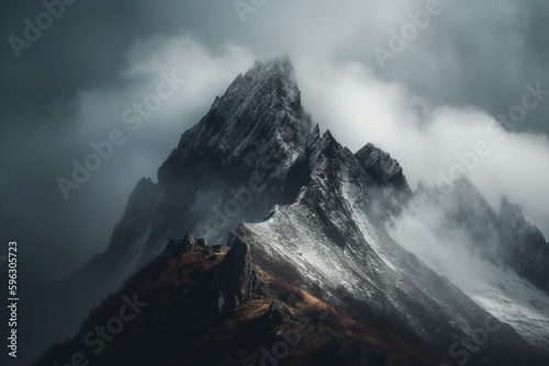 Snowy mountain summit obscured by low clouds. Generative AI