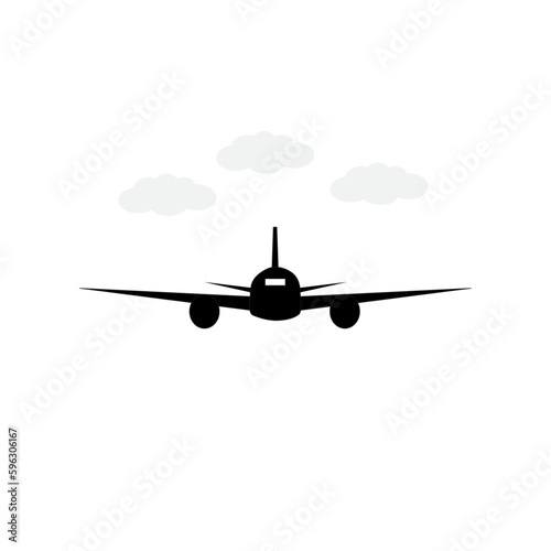 airplane flying over the clouds, black plane flying mood on the cloudy sky vector icon design on white bg. 
