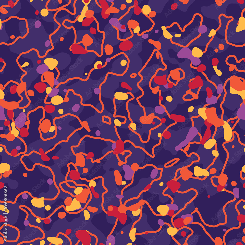Seamless bright violet and orange pattern for wallpaper, wrapping paper, textile, apparel. Vibrant purple background with colored dots and dynamic orange lines.