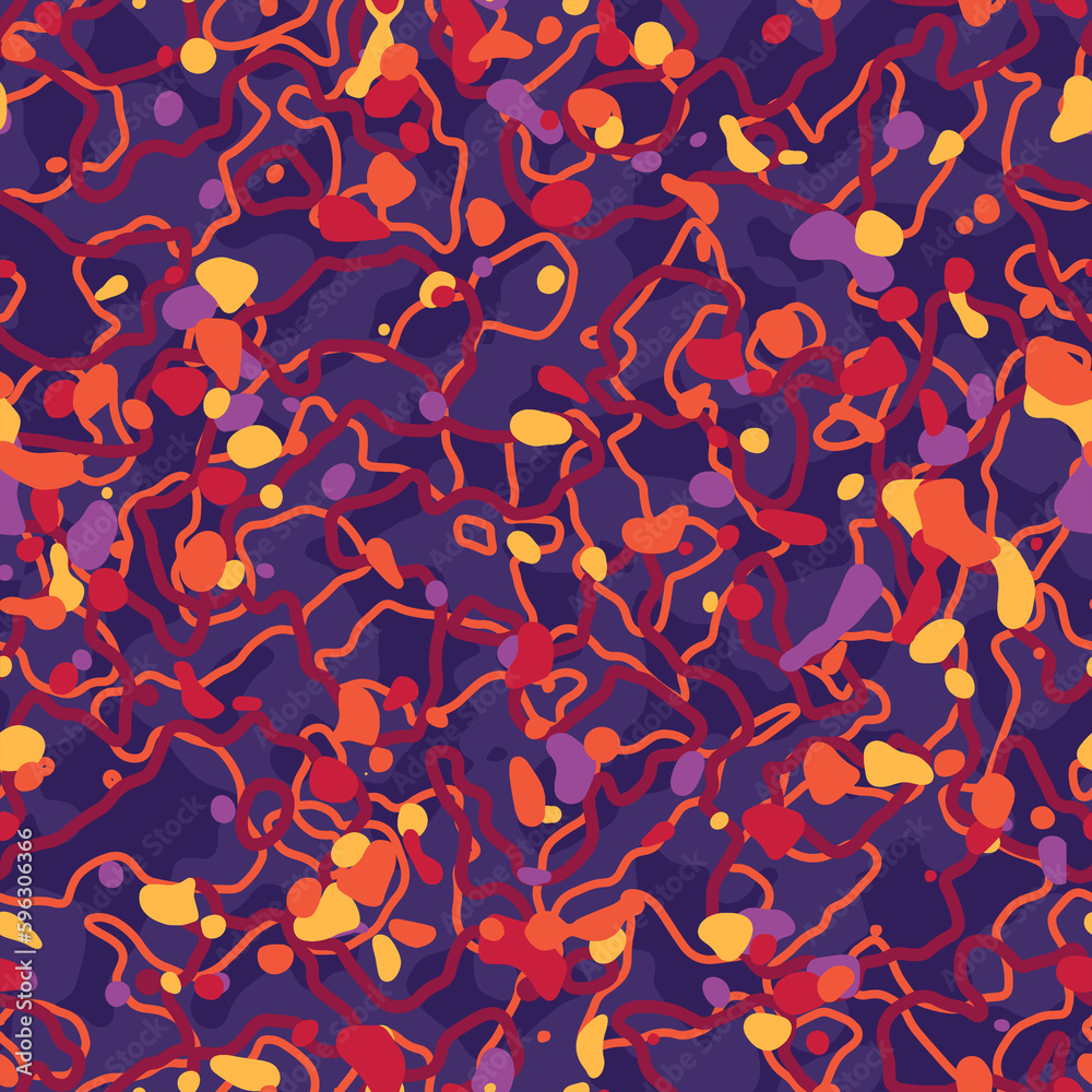 Seamless violet pattern for wallpaper, wrapping paper, textile, apparel. Violet background with colored dots and dynamic lines. Seamless violet pattern for wallpaper, wrapping paper, textile, apparel. Violet background with colored dots and dynamic lines.