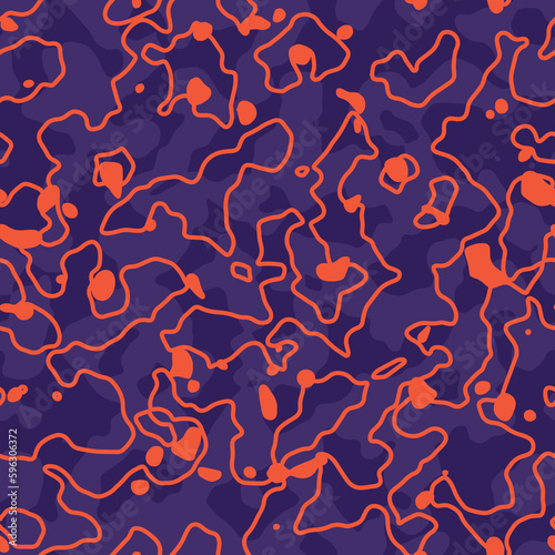 Violet and orange organic abstract seamless pattern, purple camouflage, spotted background.