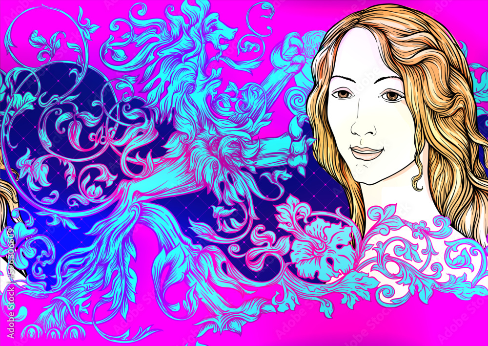 Portrait of a woman inspired by a painting by Renaissance artist Botticelli. Seamless pattern, background In baroque, rococo, victorian, renaissance style. Vector illustration Portrait of a woman inspired by a painting by Renaissance artist Botticelli. Seamless pattern, background In baroque, rococo, victorian, renaissance style. Vector illustration