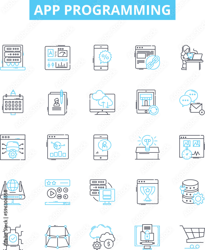 App programming vector line icons set. App, Programming, Coding, Development, iOS, Android, Design illustration outline concept symbols and signs
