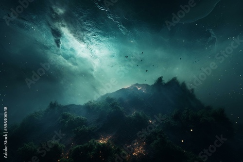Fantasy green nebula surrounded by stars, creating a galaxy-like background. Generative AI