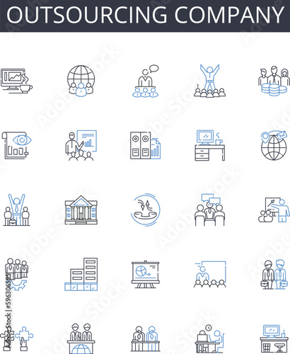 Outsourcing company line icons collection. Freelance contractor, Offshoring provider, Service provider, Contract workforce, External agency, Partner firm, Virtual team vector and linear illustration