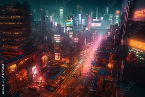 Futuristic metropolis aglow with bright neon lights and hovering objects. Generative AI