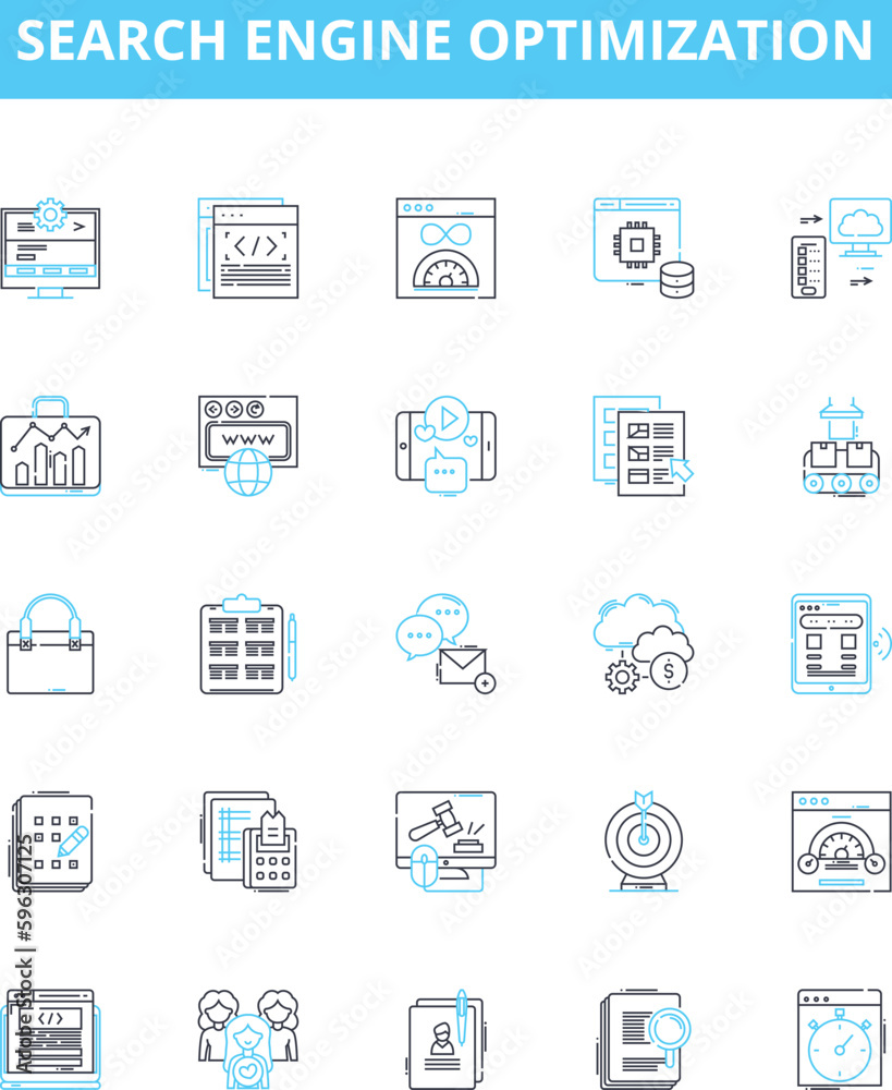 Search engine optimization vector line icons set. SEO, Optimization, Indexing, Crawling, Ranking, SERP, Search illustration outline concept symbols and signs