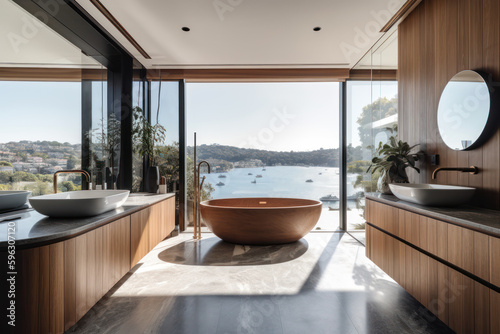 Interior of luxury penthouse bathroom overlooking a sea lagoon with boats  freestanding bathtub  Generative AI