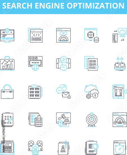 Search engine optimization vector line icons set. SEO, Optimization, Indexing, Crawling, Ranking, SERP, Search illustration outline concept symbols and signs