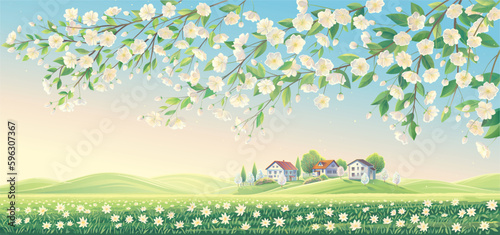 Rural landscape with village houses, and with a field full of blooming flowers, and hills illuminated by the sun, with a graphically drawn sky.