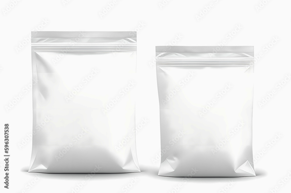 Blank white plastic bag with zip-lock mockup on white background. Plastic bag for coffee, candy, nuts or spices, food pouch
