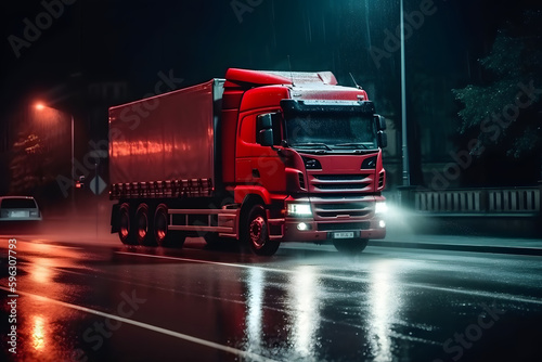 Red truck moving on a highway  Generative AI