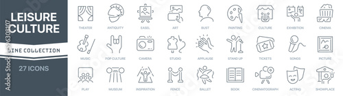 Leisure and culture linear signed icon collection. Signed thin line icons collection. Set of leisure and culture simple outline icons