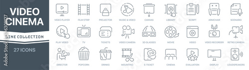 Video and cinema linear signed icon collection. Signed thin line icons collection. Set of video and cinema simple outline icons