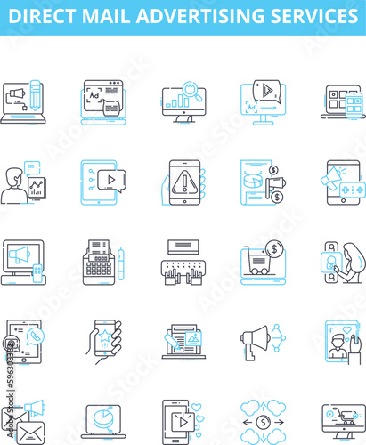Direct mail advertising services vector line icons set. Direct-mail, Advertising, Services, Mailing, Promotions, Distribution, Campaigns illustration outline concept symbols and signs