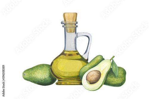 Watercolor illustration of an avocado and a bottle of oil. Handmade work. Isolated.