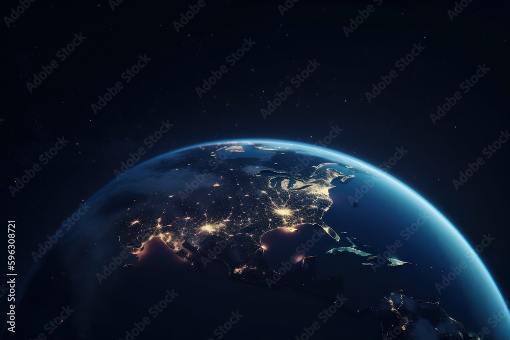 Obraz premium Earth planet globe in space. City lights and dark sky. Generative AI