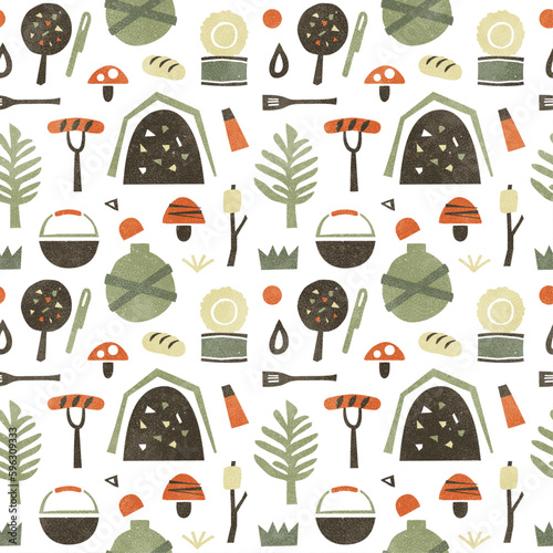 キャンプの背景パターン 料理や調理器具の水彩イラスト