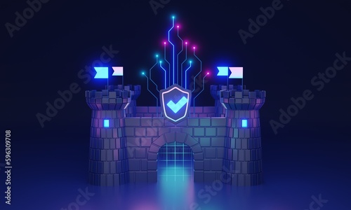 Cybersecurity and digital information protection 3D illustration concept. Save data with antivirus, firewall and safe password for encryption defense. Network safety as brick wall and file shield.