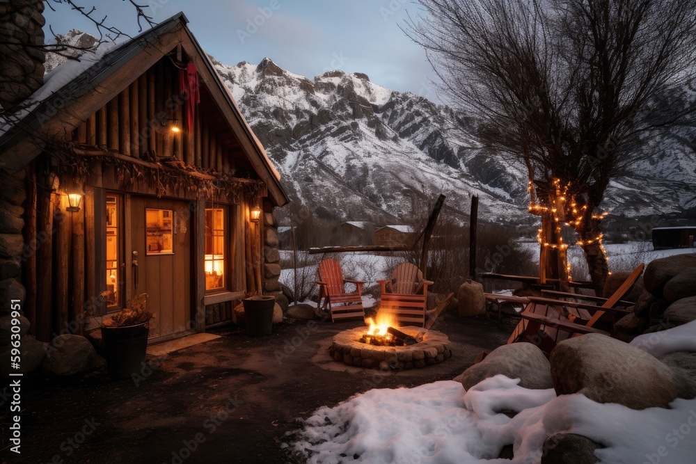 cozy cabin retreat, with warm fire and lanterns, surrounded by snow ...