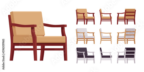 Wooden armchair with cushions, modern, contemporary lounge chair big set. Living room, study, garden, outdoor furniture. Vector flat style cartoon home, office articles isolated on white background