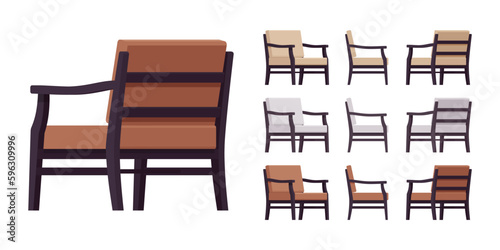 Wooden soft armchair with cushions, modern, contemporary lounge chair big set. Living room, study, garden, outdoor decor. Vector flat style cartoon home, office articles isolated, white background