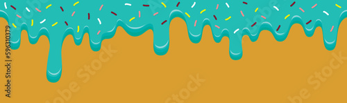 Seamless pattern border with sweet melting blue with colorful sprinkles. Vector illustration