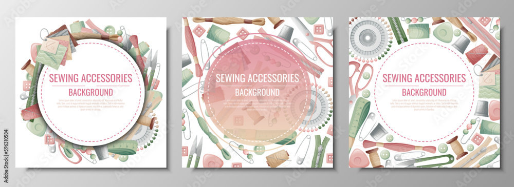 Set of frames with sewing accessories. Vector template with drawn colorful illustrations of sewing tools and supplies. Poster, banner for a sewing shop or studio Set of frames with sewing accessories. Vector template with drawn colorful illustrations of sewing tools and supplies. Poster, banner for a sewing shop or studio