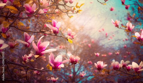 Blooming magnolia tree in the spring sun rays. Selective focus. Copy space. Easter, blossom spring, sunny woman day concept. Pink purple magnolia flowers in blue summer sky © annebel146