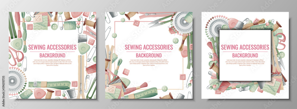 Set of frames with sewing accessories. Vector template with drawn colorful illustrations of sewing tools and supplies. Poster, banner for a sewing shop or studio