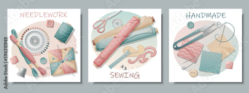 Set of postcards with sewing tools. Embroidery, sewing, needlework, handmade, hobby. Banner, flyer for sewing workshops, ateliers, sewing courses