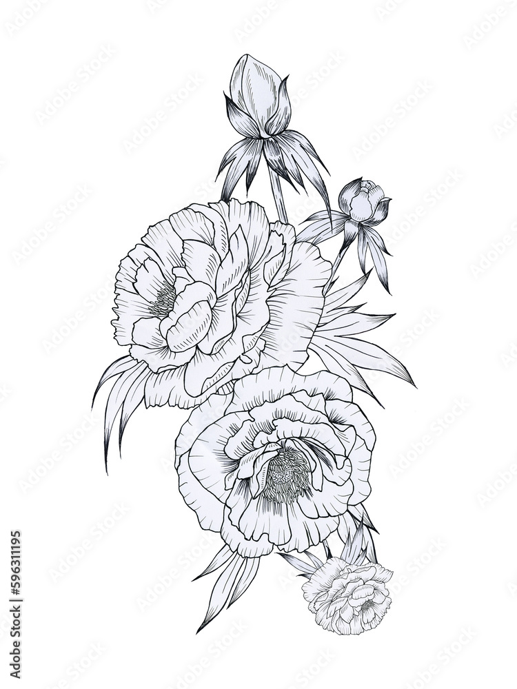 Black and white peonies bouquet graphic hand drawn on isolated background. Arrangement of flowers with leaves in sketch style for coloring and tattoo. Outline composition for postcards.