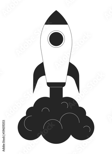 Launching rocket with dark smoke flat line black white vector object. Spacecraft. Editable cartoon style icon. Simple isolated outline spot illustration for web graphic design and animation