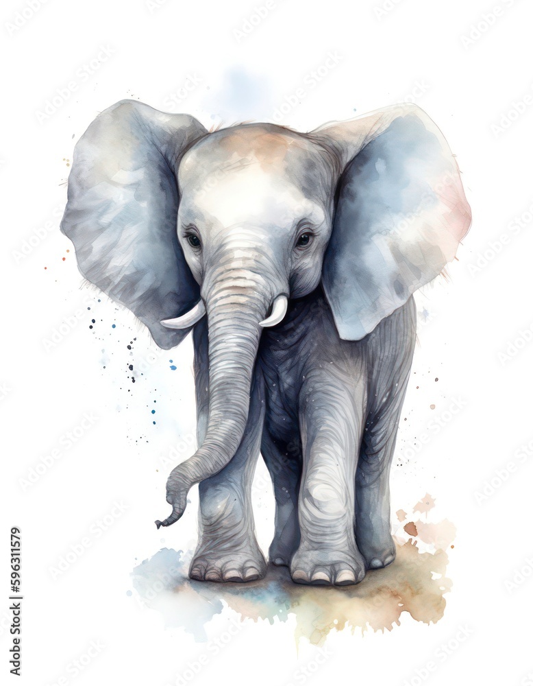Watercolor illustration of an african bush elephant on white background. Cute cartoon elephant in aquarelle style. Generative AI.