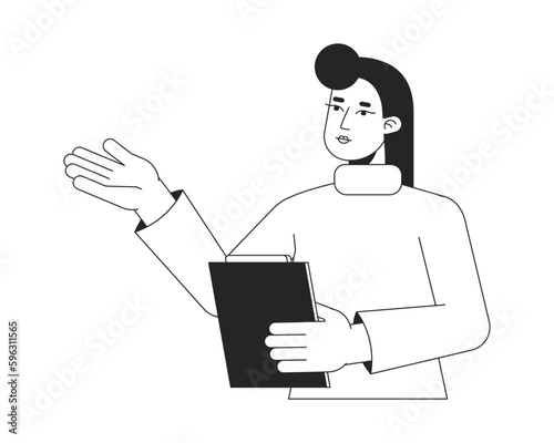Female counselor with clipboard flat line black white vector character. Editable isolated outline half body person. Instructor simple cartoon style spot illustration for web graphic design, animation
