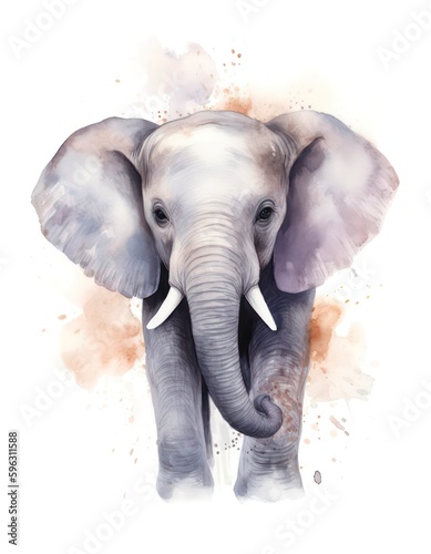Watercolor illustration of an african bush elephant on white background. Cute cartoon elephant in aquarelle style. Generative AI.